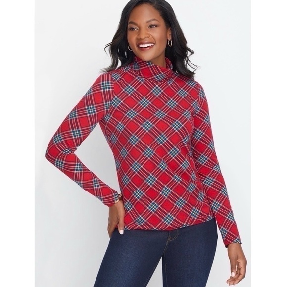 Talbots Tartan Mock Neck Long Sleeve Tee Top PS - Picture 1 of 5